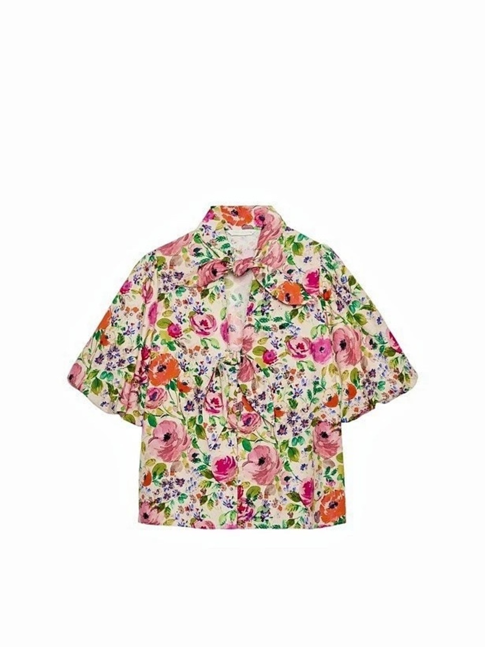 🌎 Zara Floral Bow Print Shirt Floral Blouse in Pink & Green